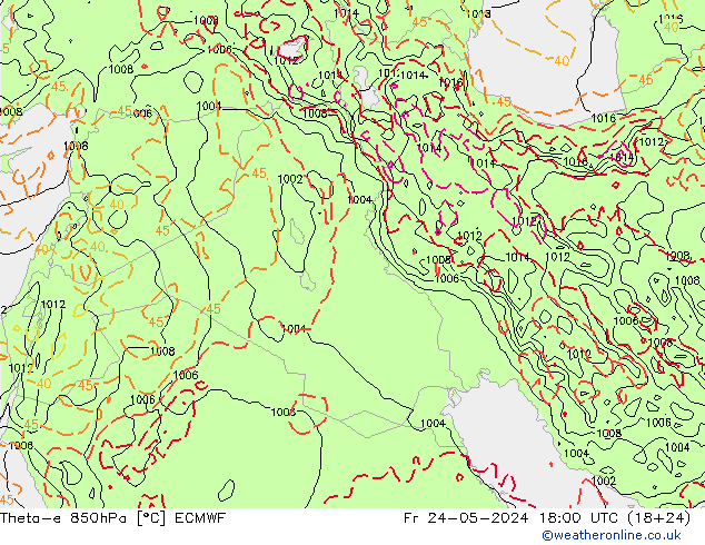 Theta-e 850hPa ECMWF Fr 24.05.2024 18 UTC