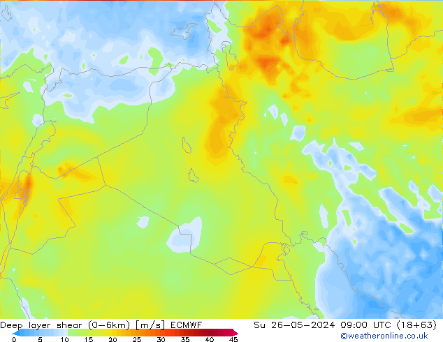 Deep layer shear (0-6km) ECMWF dom 26.05.2024 09 UTC