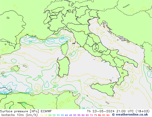 Isotachs (kph) ECMWF Qui 23.05.2024 21 UTC