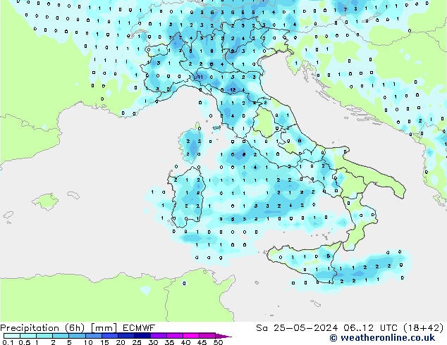 Precipitation (6h) ECMWF Sa 25.05.2024 12 UTC