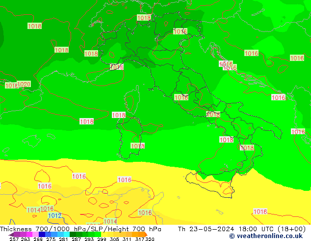 Thck 700-1000 hPa ECMWF Th 23.05.2024 18 UTC