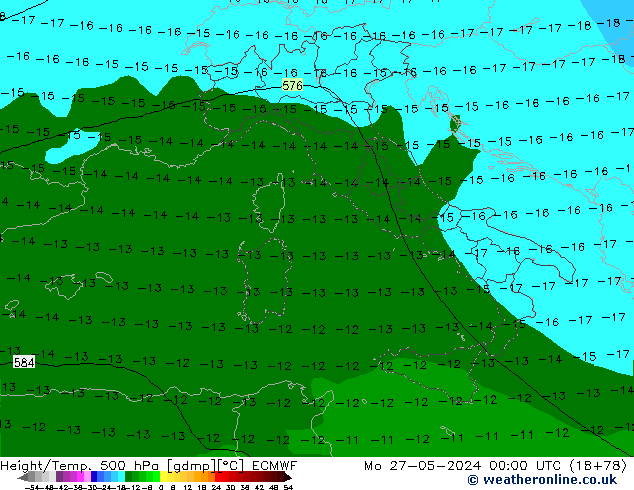 Z500/Rain (+SLP)/Z850 ECMWF Po 27.05.2024 00 UTC