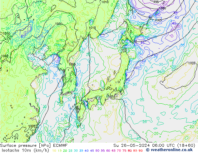 Izotacha (km/godz) ECMWF nie. 26.05.2024 06 UTC