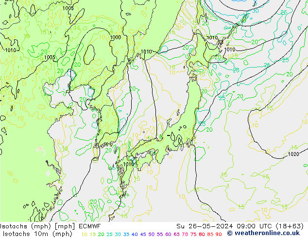 Isotachs (mph) ECMWF Вс 26.05.2024 09 UTC