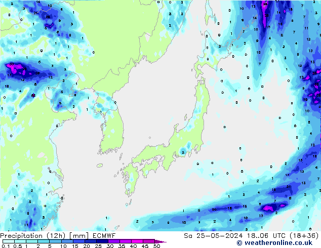 Precipitation (12h) ECMWF Sa 25.05.2024 06 UTC