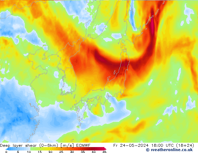 Deep layer shear (0-6km) ECMWF Pá 24.05.2024 18 UTC