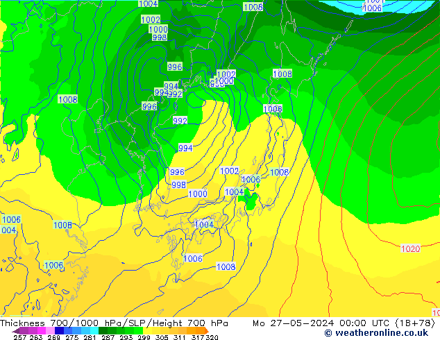 Thck 700-1000 hPa ECMWF Mo 27.05.2024 00 UTC