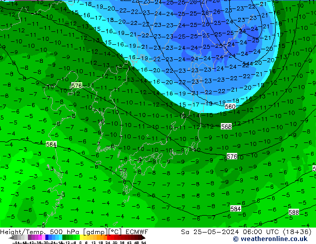 Z500/Rain (+SLP)/Z850 ECMWF Sa 25.05.2024 06 UTC