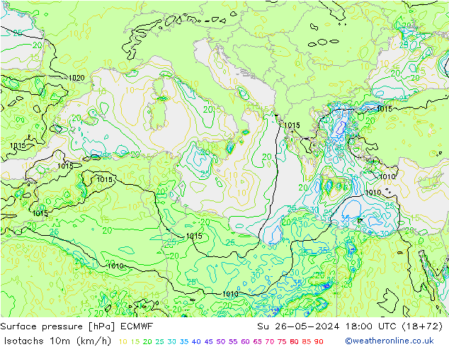 Isotachen (km/h) ECMWF zo 26.05.2024 18 UTC