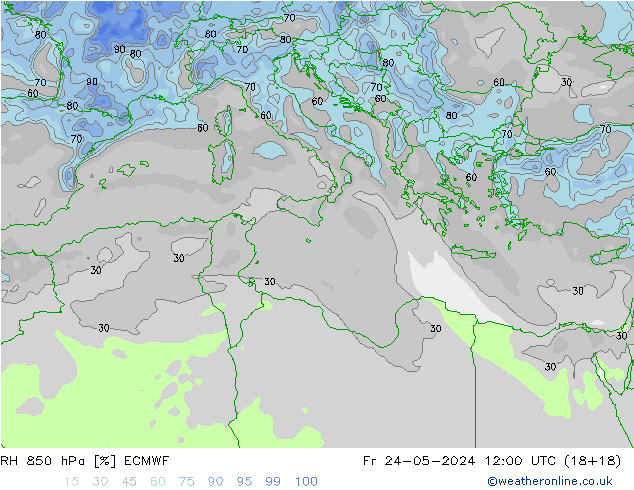 RH 850 hPa ECMWF Sex 24.05.2024 12 UTC