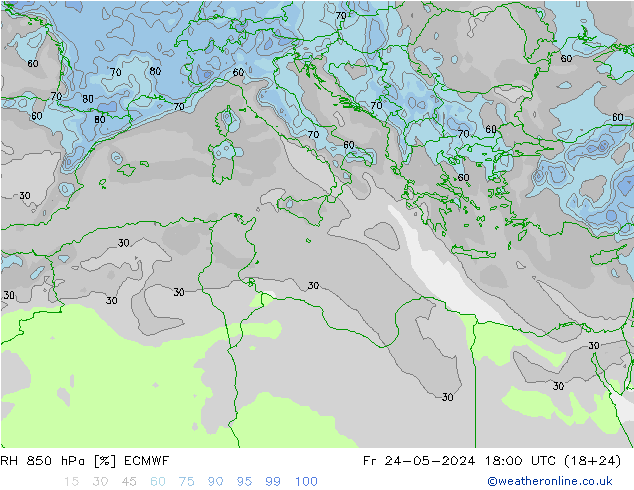 Humidité rel. 850 hPa ECMWF ven 24.05.2024 18 UTC