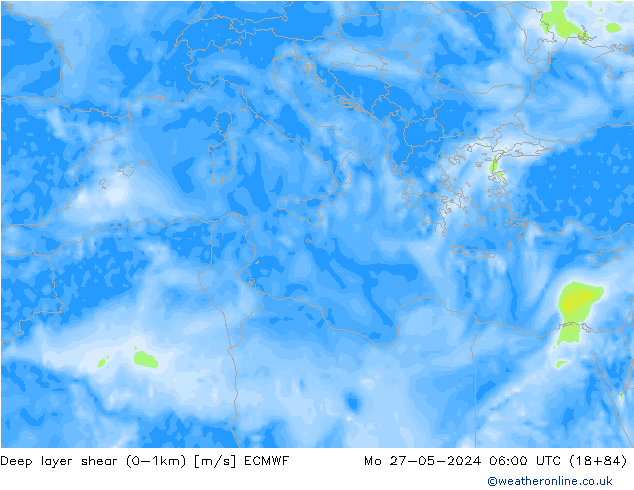 Deep layer shear (0-1km) ECMWF Mo 27.05.2024 06 UTC