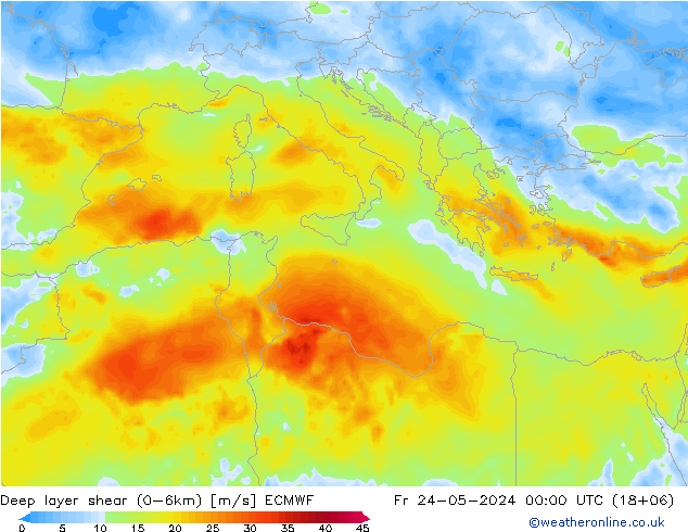 Deep layer shear (0-6km) ECMWF ven 24.05.2024 00 UTC