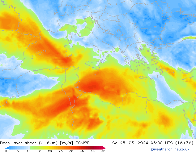 Deep layer shear (0-6km) ECMWF Cts 25.05.2024 06 UTC