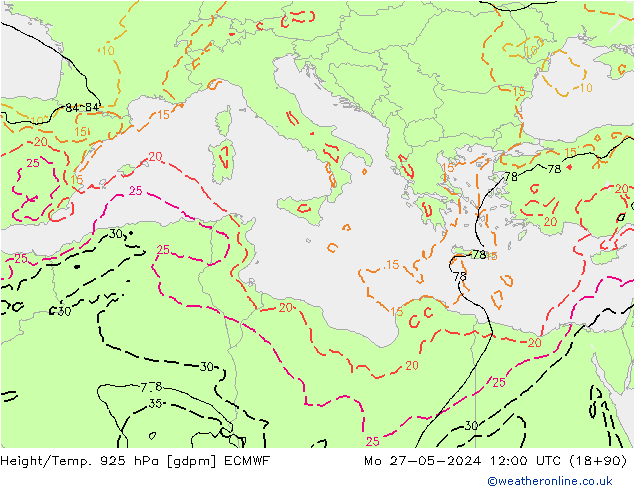 Geop./Temp. 925 hPa ECMWF lun 27.05.2024 12 UTC