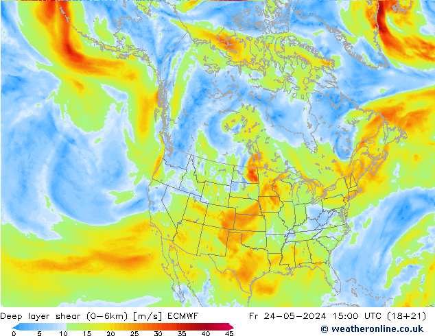 Deep layer shear (0-6km) ECMWF 星期五 24.05.2024 15 UTC