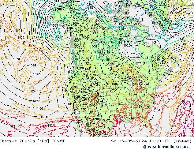 Theta-e 700hPa ECMWF sam 25.05.2024 12 UTC