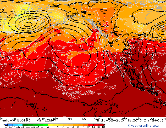 Theta-W 850hPa ECMWF Čt 23.05.2024 18 UTC