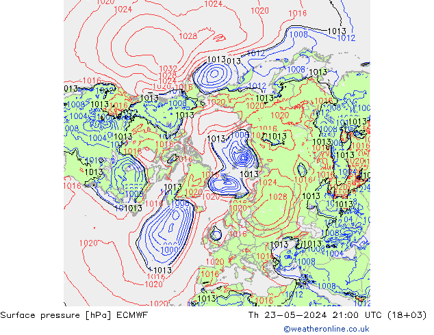 Pressione al suolo ECMWF gio 23.05.2024 21 UTC