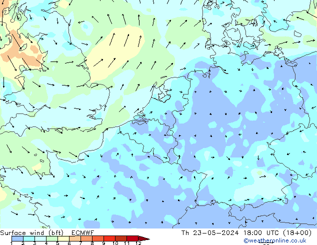 Surface wind (bft) ECMWF Čt 23.05.2024 18 UTC