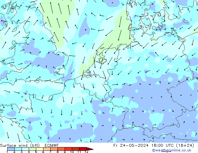 Surface wind (bft) ECMWF Fr 24.05.2024 18 UTC