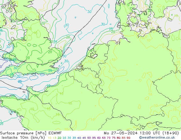 Isotachs (kph) ECMWF Mo 27.05.2024 12 UTC