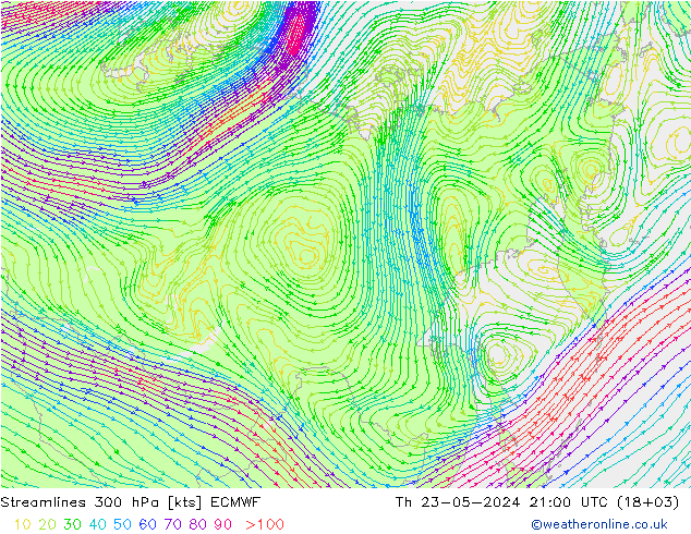 Streamlines 300 hPa ECMWF Th 23.05.2024 21 UTC