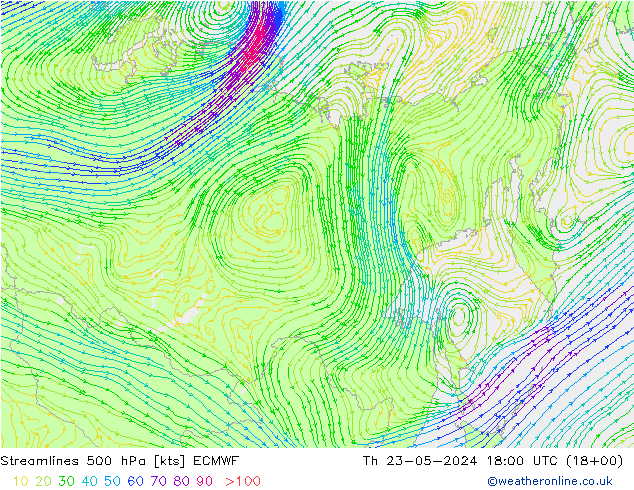 Streamlines 500 hPa ECMWF Th 23.05.2024 18 UTC