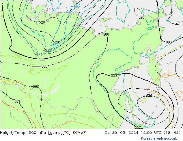 Z500/Rain (+SLP)/Z850 ECMWF so. 25.05.2024 12 UTC