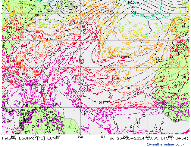 Theta-e 850hPa ECMWF zo 26.05.2024 00 UTC