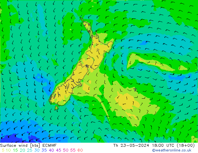 Surface wind ECMWF Čt 23.05.2024 18 UTC