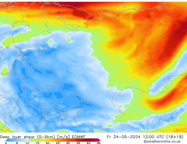 Deep layer shear (0-6km) ECMWF Fr 24.05.2024 12 UTC