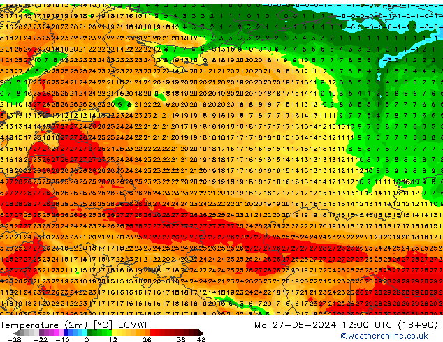 mapa temperatury (2m) ECMWF pon. 27.05.2024 12 UTC