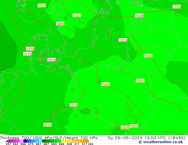 Schichtdicke 700-1000 hPa ECMWF So 26.05.2024 12 UTC