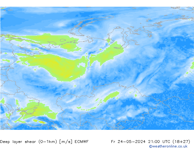 Deep layer shear (0-1km) ECMWF  24.05.2024 21 UTC