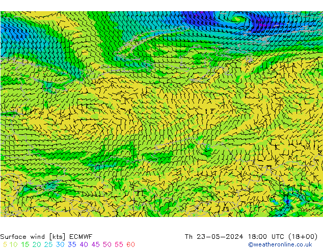 Viento 10 m ECMWF jue 23.05.2024 18 UTC