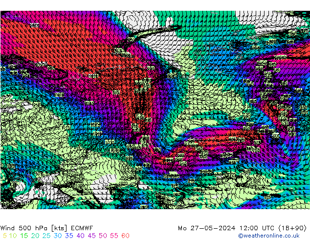 Viento 500 hPa ECMWF lun 27.05.2024 12 UTC