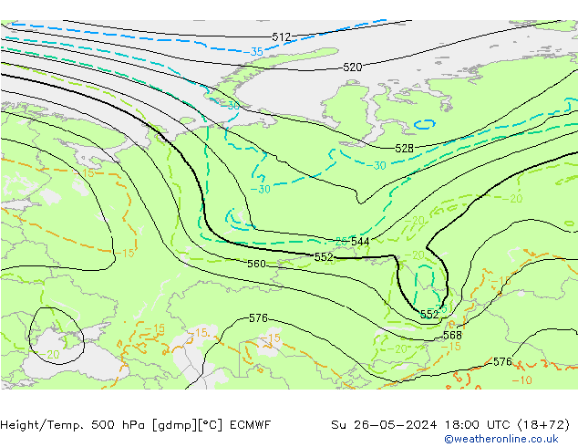 Z500/Yağmur (+YB)/Z850 ECMWF Paz 26.05.2024 18 UTC