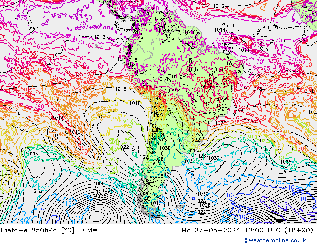 Theta-e 850hPa ECMWF pon. 27.05.2024 12 UTC