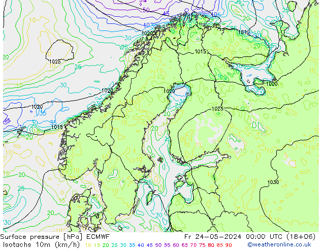 Isotachen (km/h) ECMWF Fr 24.05.2024 00 UTC