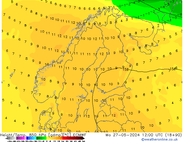 Hoogte/Temp. 850 hPa ECMWF ma 27.05.2024 12 UTC