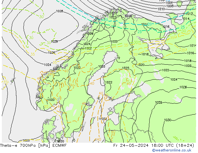 Theta-e 700hPa ECMWF Cu 24.05.2024 18 UTC