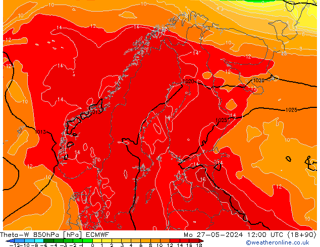 Theta-W 850гПа ECMWF пн 27.05.2024 12 UTC