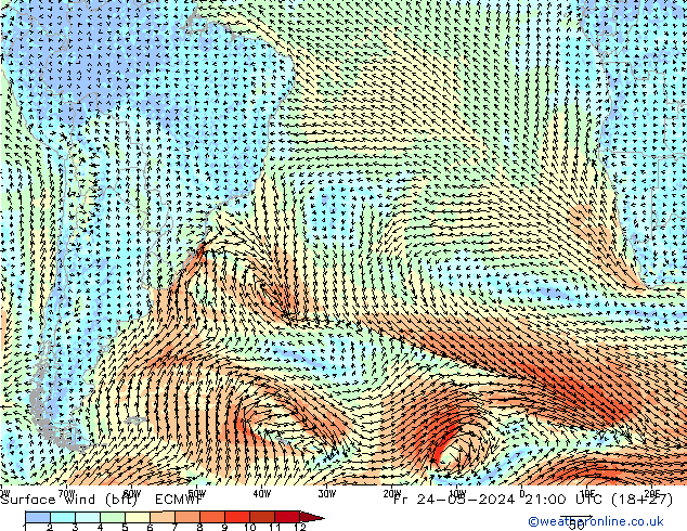 Viento 10 m (bft) ECMWF vie 24.05.2024 21 UTC