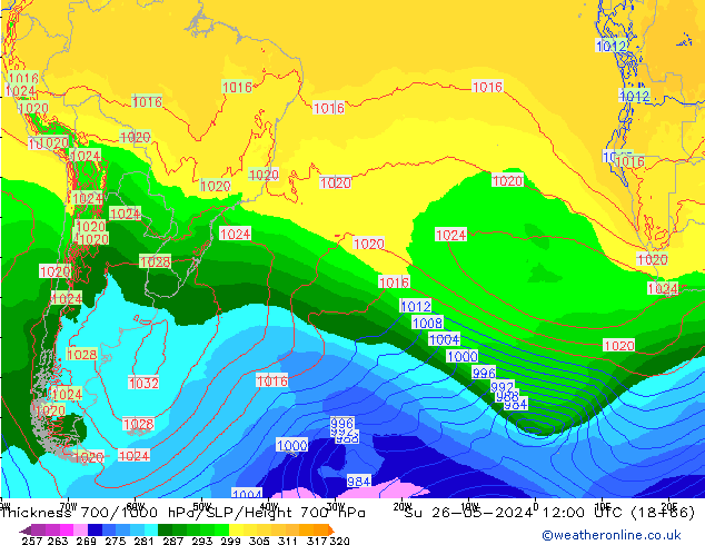 Thck 700-1000 hPa ECMWF dim 26.05.2024 12 UTC