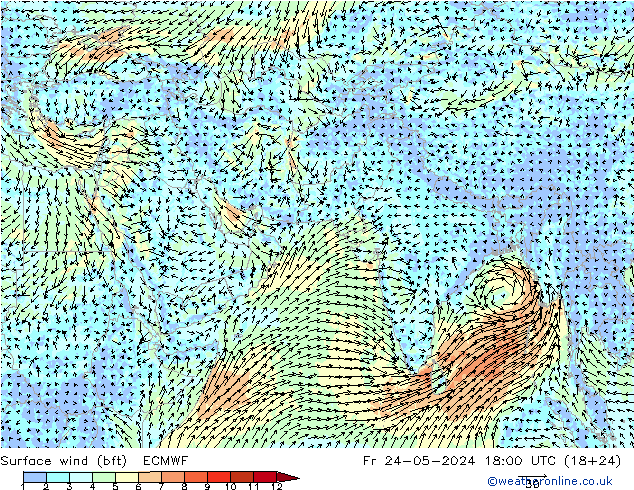 Wind 10 m (bft) ECMWF vr 24.05.2024 18 UTC