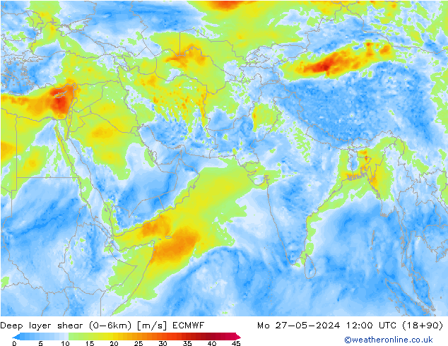 Deep layer shear (0-6km) ECMWF 星期一 27.05.2024 12 UTC