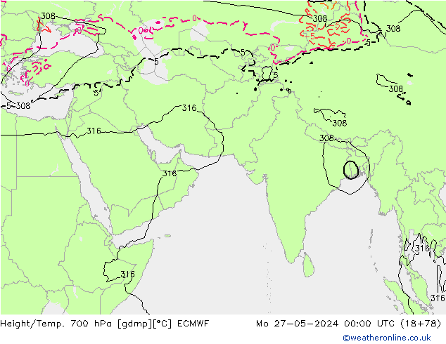 Height/Temp. 700 hPa ECMWF Mo 27.05.2024 00 UTC