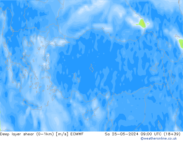 Deep layer shear (0-1km) ECMWF sab 25.05.2024 09 UTC