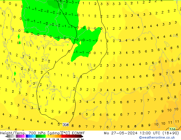 Geop./Temp. 700 hPa ECMWF lun 27.05.2024 12 UTC